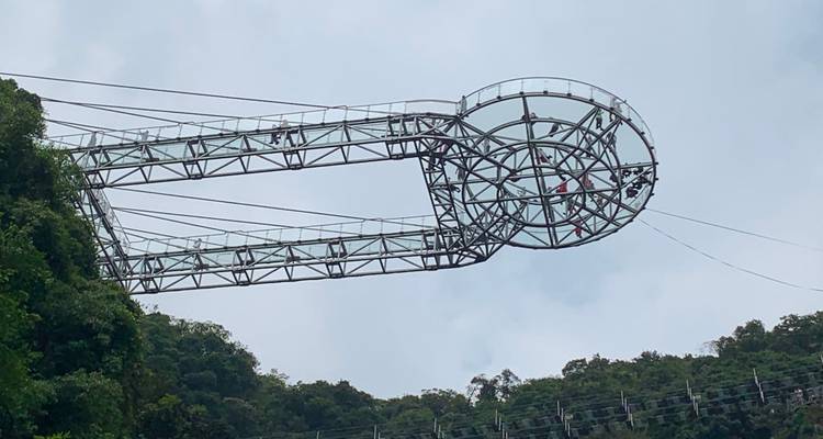 Bezoekers lopen over een futuristische glazen skywalk die zich uitstrekt over een beboste kloof onder een bewolkte hemel.