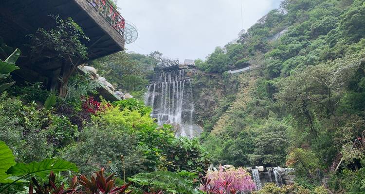 Weelderige tropische begroeiing omlijst een verre waterval en glazen brug in een mistige groene vallei.