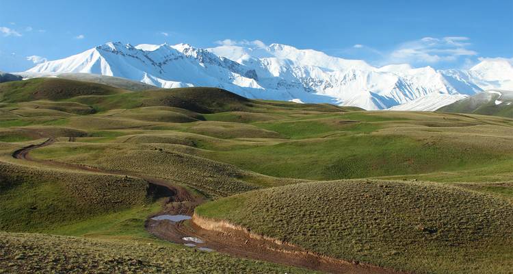 Sanfte grüne Hügel führen zu dem schneebedeckten Massiv des Lenin-Gipfels unter klarem Himmel.