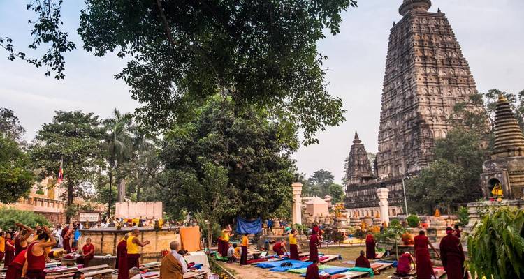 Multitudes de monjes vestidos con túnicas granates meditando alrededor del imponente Templo Mahabodhi situado entre exuberantes jardines.