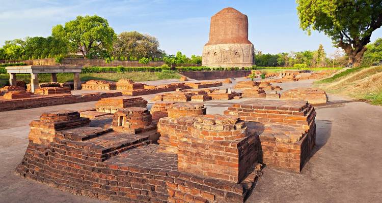 Ruinas de ladrillo antiguas que conducen a una gran estupa cilíndrica rodeada de árboles verdes bajo un cielo azul despejado