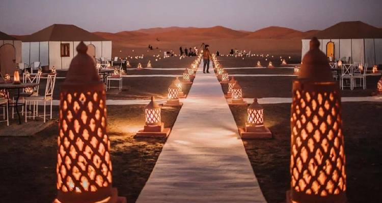 Des lanternes illuminées bordent une allée recouverte de tapis menant vers des tentes de luxe dans le désert au crépuscule.
