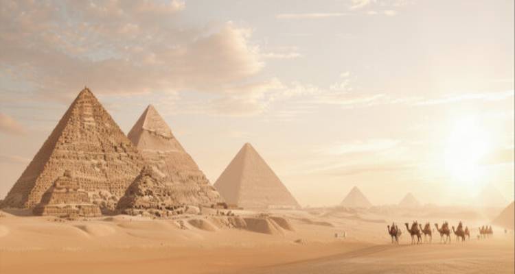 Iconic Giza pyramids rising from golden desert sands with a caravan of camels at sunrise.