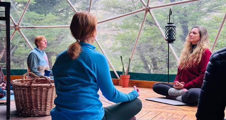 Un pequeño grupo medita dentro de una cúpula geodésica con suelo de madera y vistas del bosque a través de paneles transparentes.