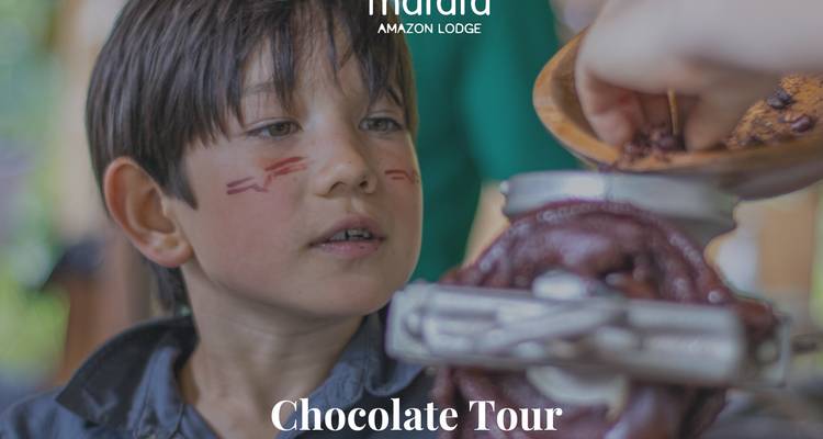 Promotional image with text showing boy participating in chocolate making tour.