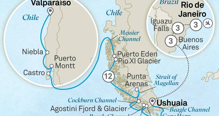 Illustrated map outlining a cruise route through Chile, Argentina and Brazil with insets.
