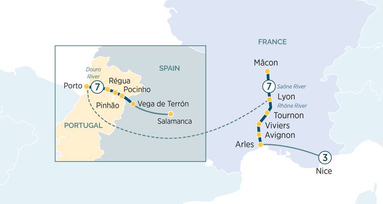 Reisroute kaart die Nice verbindt met de Rhône en Douro riviergebieden.