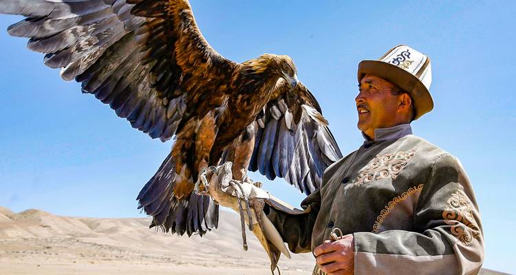 Traditional eagle hunter holding a golden eagle on his gloved arm in a vast steppe.