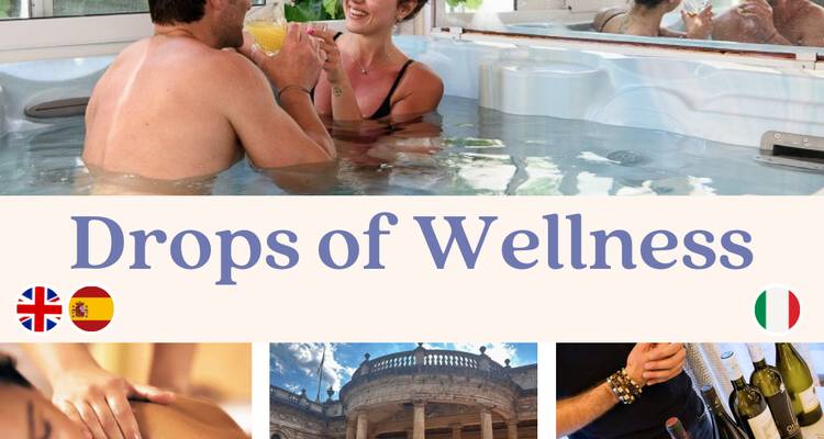 Image promotionnelle de style collage mettant en vedette un couple dans un bain spa avec superposition de texte bien-être.