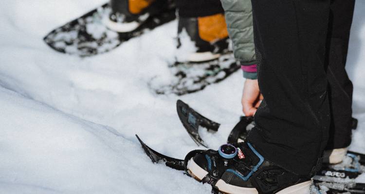 Nahaufnahme einer Person, die Schneeschuhe an Stiefeln im tiefen Pulverschnee befestigt.