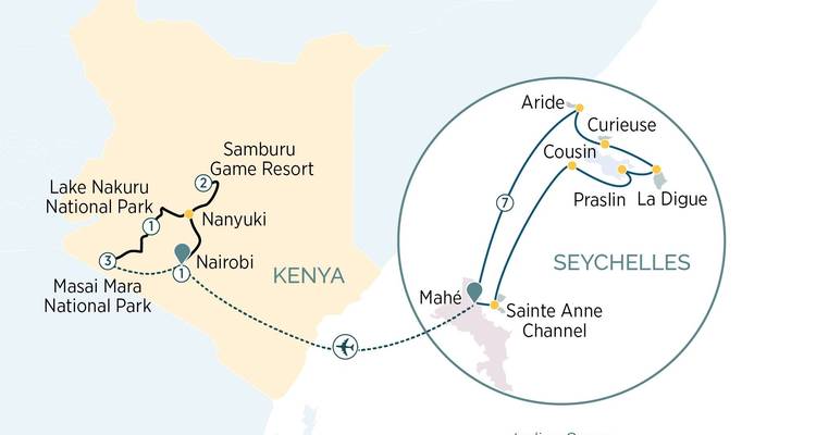 Kombinierte Kenia- und Seychellen-Reiseroute-Karte mit wichtigsten Nationalparks und Inseln