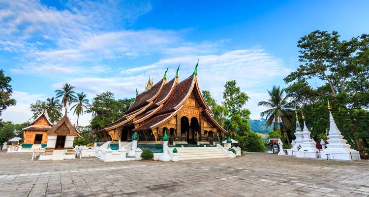 Elegant Buddhist temple Wat Xieng Thong surrounded by palms and stupas under bright blue sky.