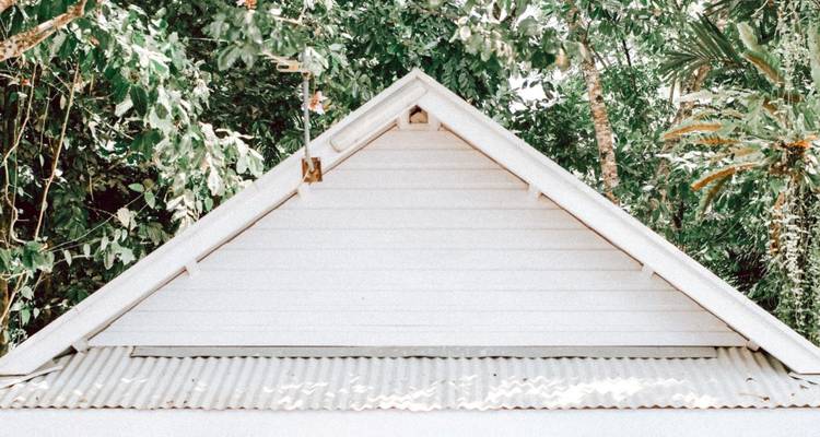 Repeating minimalist photograph of a white roof ridge surrounded by dense green foliage.