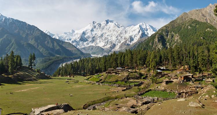 Vaste prairie alpine parsemée de chalets en rondins adossée à un imposant massif montagneux couvert de neige.