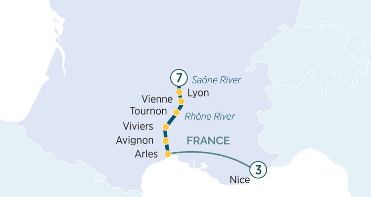 Vereinfachte Karte, die eine Reiseroute von Nizza die Rhône und Saône flussaufwärts durch Südfrankreich mit hervorgehobenen Stopps zeigt.