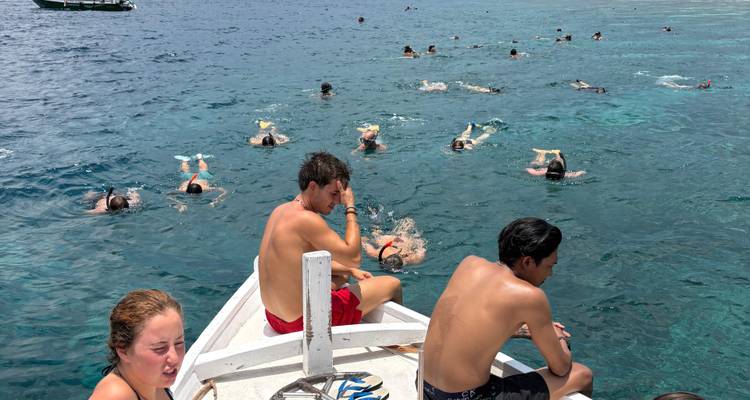 Des nageurs font de la plongée avec tuba dans une mer turquoise cristalline autour d'un petit bateau où d'autres se reposent sur le pont.