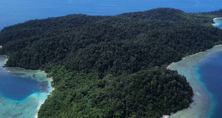 Panorama aérien d'une île densément boisée bordée de lagons turquoise peu profonds.