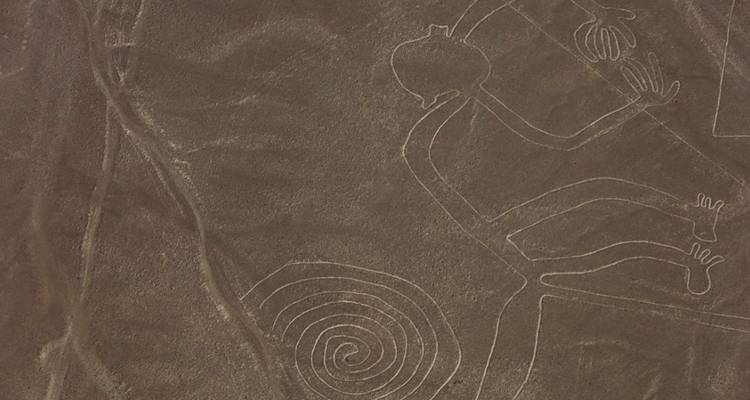 Vista aérea del famoso geoglifo del mono de cola espiral grabado en el suelo del desierto de Nazca.