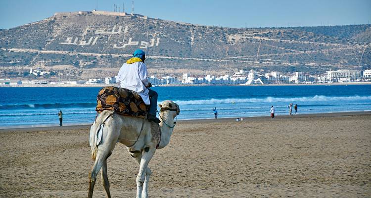 Een man op een witte kameel rijdt langs een breed zandstrand met de Atlantische Oceaan en het stadslandschap in de verte.