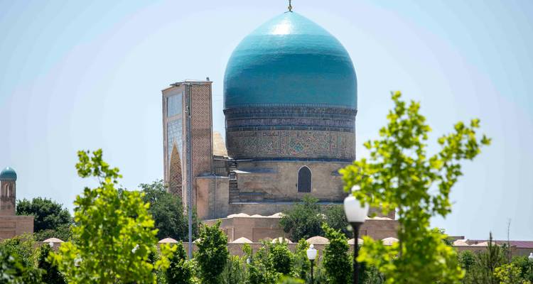 Grand dôme turquoise d'un mausolée s'élevant au-dessus des arbres par une journée ensoleillée.