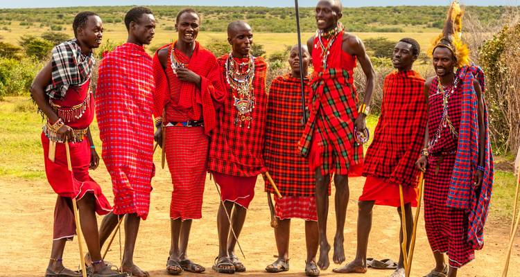Groep Maasai mannen in levendige rode shuka's voeren een traditionele springdans uit op open savanneland.