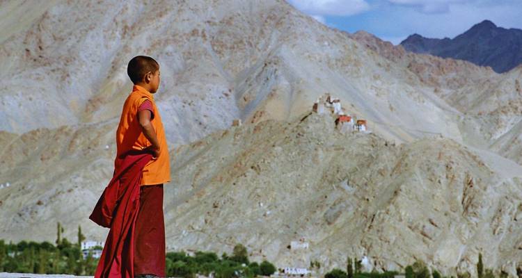 Un joven monje con túnicas azafrán contempla a través de un paisaje montañoso árido hacia un monasterio distante en la cima de una colina.