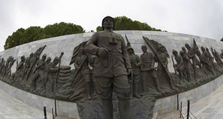 Vue grand angle fisheye d'un monument de relief en pierre représentant des soldats à Gallipoli sous un ciel nuageux, filigrane visible.
