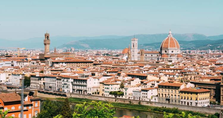 Panoramisch uitzicht over Florence met Duomo en Palazzo Vecchio torens onder heldere hemel