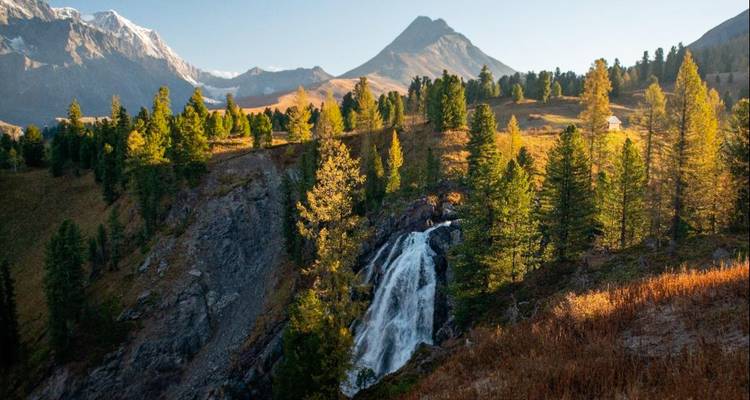 Boswaterval die naar beneden stroomt in ruige vallei met zonovergoten dennen en verre besneeuwde toppen.