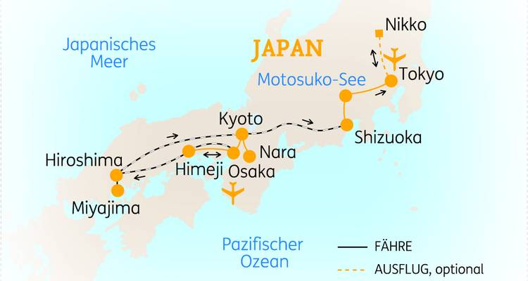 Illustrierte Routenkarte der Japan-Tour mit Hervorhebung der wichtigsten Städte und Verkehrsverbindungen.
