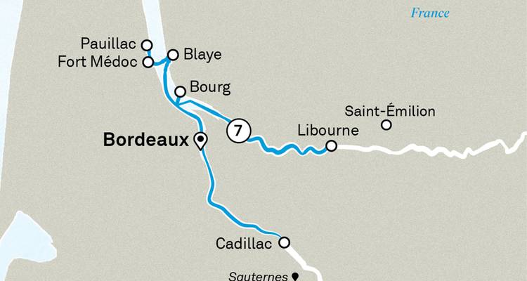 Mapa de crucero de siete noches por la región de Burdeos detallando Pauillac, Blaye, Bourg y Cadillac.