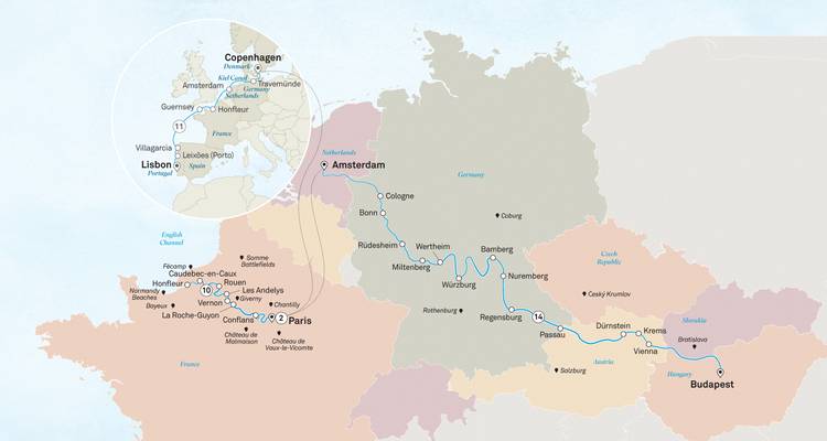 Mapa completo de rutas de cruceros fluviales europeos incluyendo París, Ámsterdam, Budapest y Lisboa.