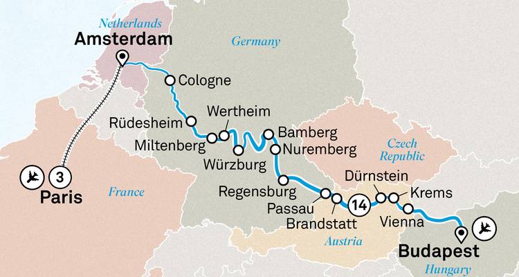Mapa de itinerario de Budapest a Ámsterdam destacando las principales ciudades europeas.