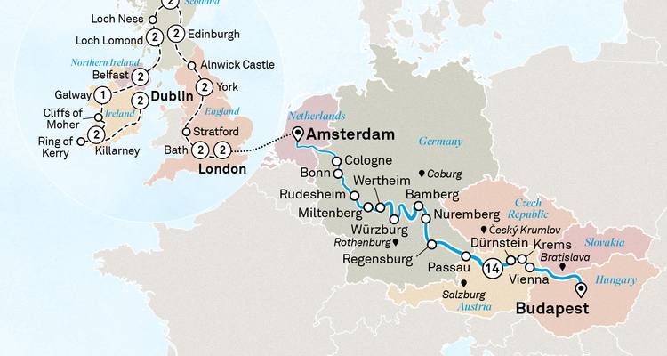 Mapa compuesto de crucero-tour del Reino Unido y Europa que conecta Dublín, Londres, Ámsterdam y Budapest.