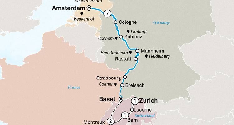 Mapa de crucero por el Rin con extensiones a las ciudades suizas de Zúrich, Lucerna y Montreux.