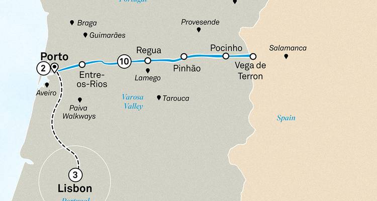 Mapa de itinerario del río Duero del norte de Portugal desde Oporto hasta Vega de Terrón con excursión a Lisboa.