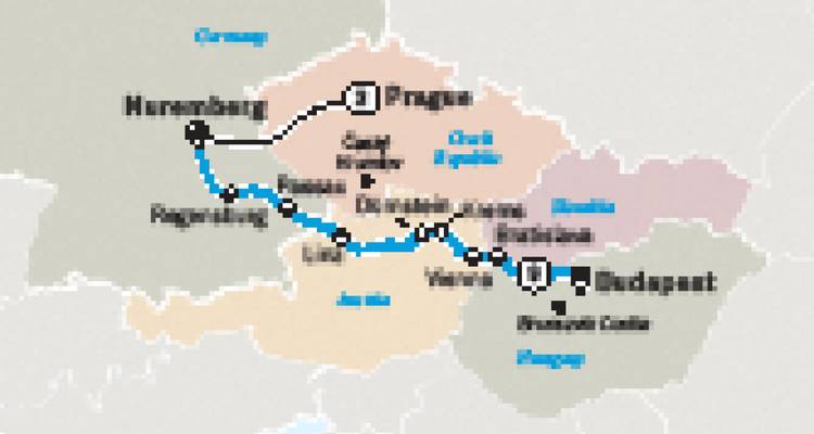 Descripción general de mapa borroso de baja resolución de crucero por Europa Central entre Núremberg y Budapest.