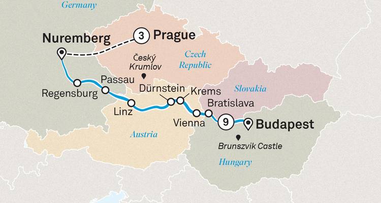 Carte illustrée montrant un itinéraire de voyage en Europe centrale reliant Nuremberg, Prague, Vienne et Budapest.