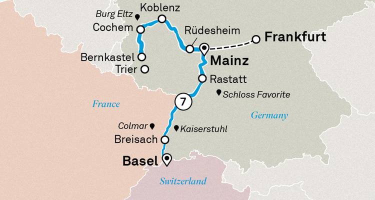 Mapa del crucero por el Rin y el Mosela desde Coblenza hasta Basilea con ramales a Tréveris y Rastatt.