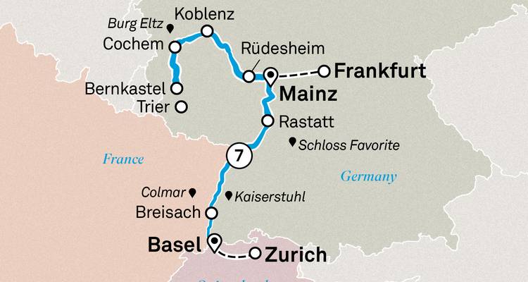 Carte régionale détaillée décrivant un itinéraire de croisière fluviale dans la vallée du Rhin à travers l'Allemagne et la Suisse