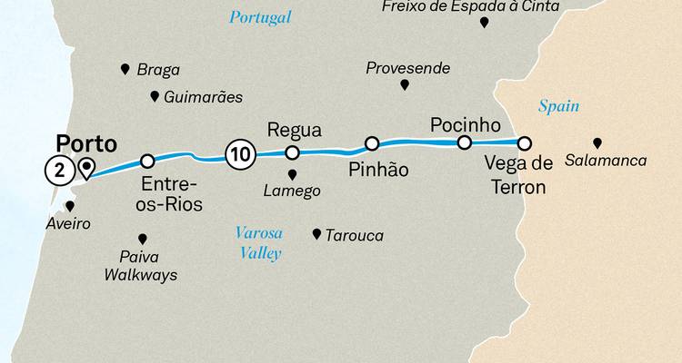 Mapa sencillo del crucero por el Duero desde Oporto hasta Vega de Terrón con excursiones laterales.