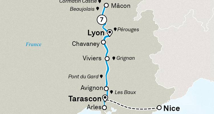 Mapa simplificado del río Ródano desde Lyon hacia el sur hasta Tarascón y Aviñón