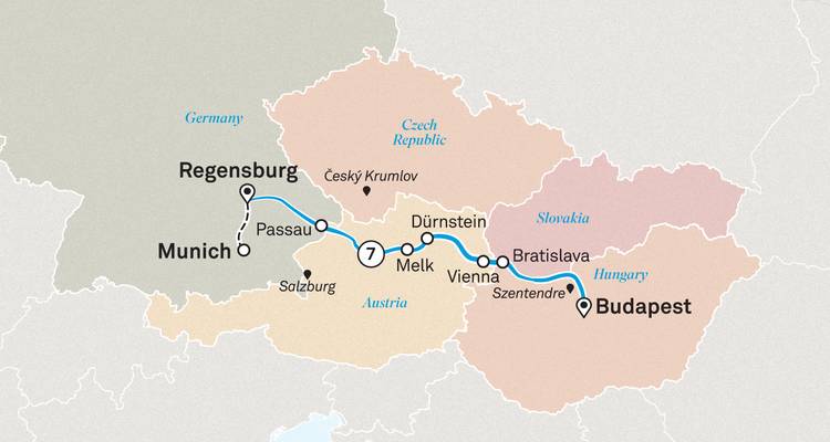 Mapa de ruta de un crucero por el Danubio que destaca las paradas entre Múnich y Budapest.