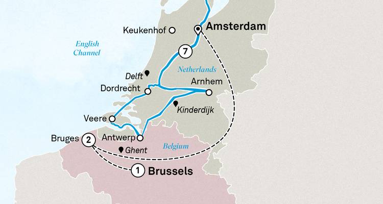 Mapa de la ruta de crucero holandesa y belga que comienza y termina en Ámsterdam con un recorrido circular por Amberes y Brujas.
