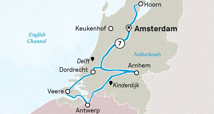 Mapa de crucero por los Países Bajos que describe las paradas de Ámsterdam a Hoorn, Arnhem y Kinderdijk.
