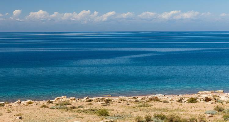 Extensas aguas azules del lago Issyk-Kul encontrándose con una tranquila orilla arenosa bajo un cielo despejado