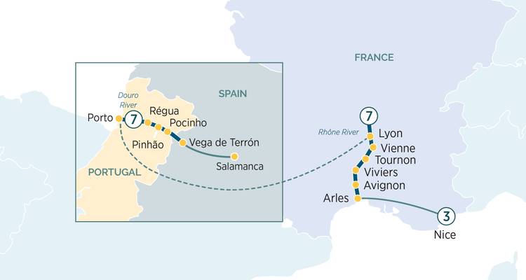Stilisierte Reisekarte mit Kreuzfahrtrouten durch Portugal, Spanien und Frankreich mit markierten Städtestopps.