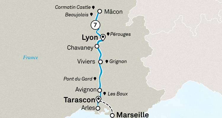Regionale kaart die een Rhône cruiseroute van Mâcon naar Tarascon benadrukt met belangrijke stops gemarkeerd.