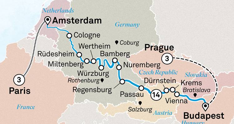 Continentaal Europa spoor-rivier kaart die Parijs, Amsterdam, Praag en Boedapest verbindt met genummerde haltes.