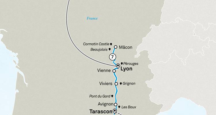 Zoom parcial del mapa de la región de Lyon con conexiones de regreso hacia París mostradas por una línea punteada.
